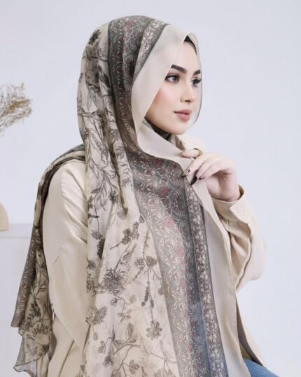 sand beige voile hijab with elegant botanical detailing and contrast border