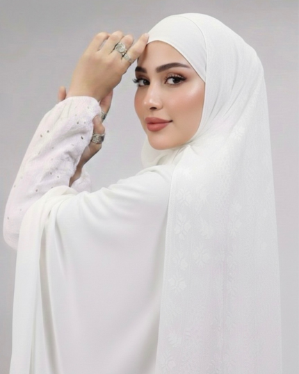 French Jacquard Hijab – Pure White Elegance