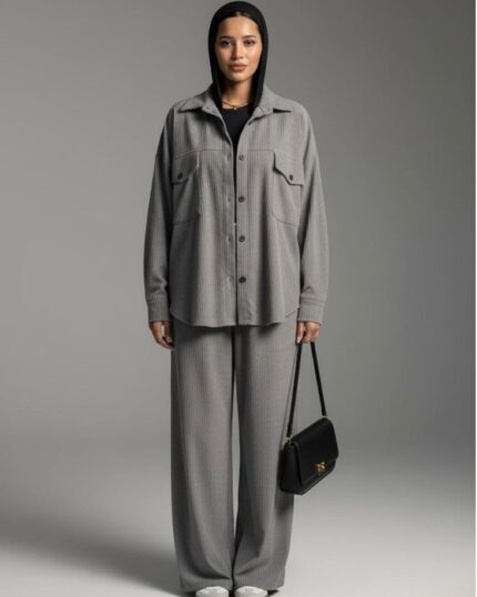 Ribbed co-ord set for women in soft grey with relaxed fit