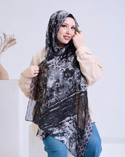 Midnight Marble Voile Hijab with abstract black and grey pattern