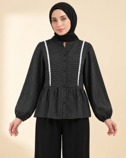 Black Striped Lace Detail Blouse
