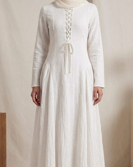 White Textured Lace-Up Modest Maxi Dress