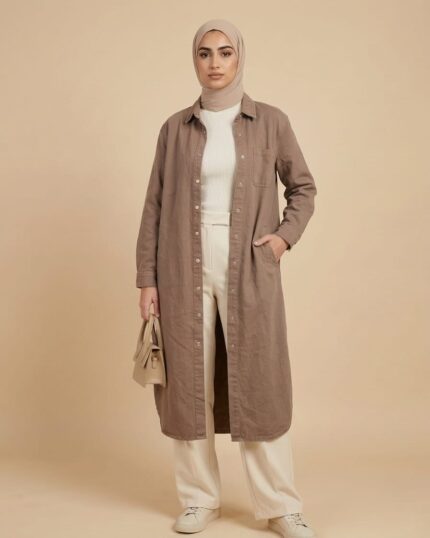 Mocha Brown Long Gabardine Modest Shirt Jacket