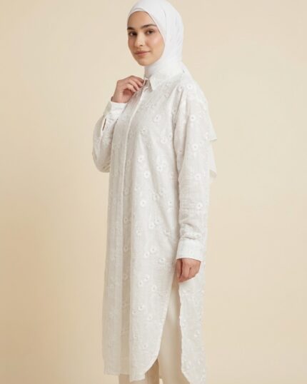 White 3D Floral Embroidered Long Shirt 113 cm