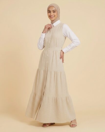 Beige Striped Tiered Maxi Dress with adjustable waist tie