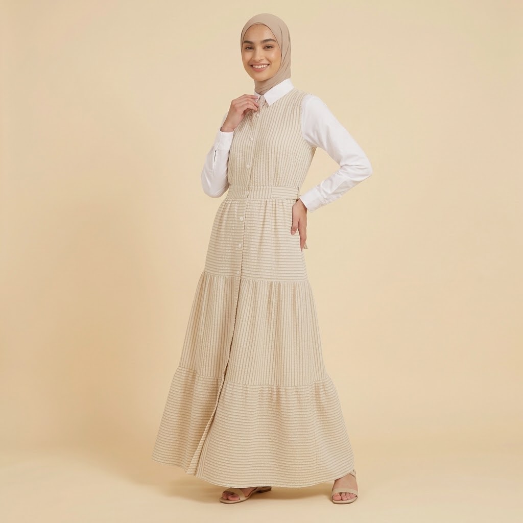 Beige Striped Tiered Maxi Dress with adjustable waist tie