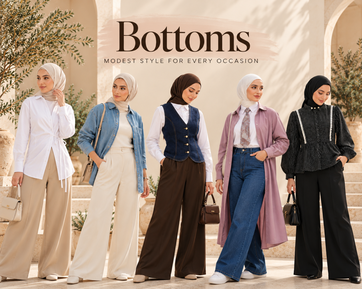 Five hijab-wearing models showcasing modest wide-leg trousers and jeans in different colours and styles at Hejabi UK