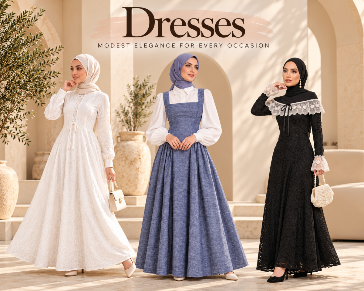 Three hijabi models wearing elegant white, blue and black modest maxi dresses at Hejabi UK