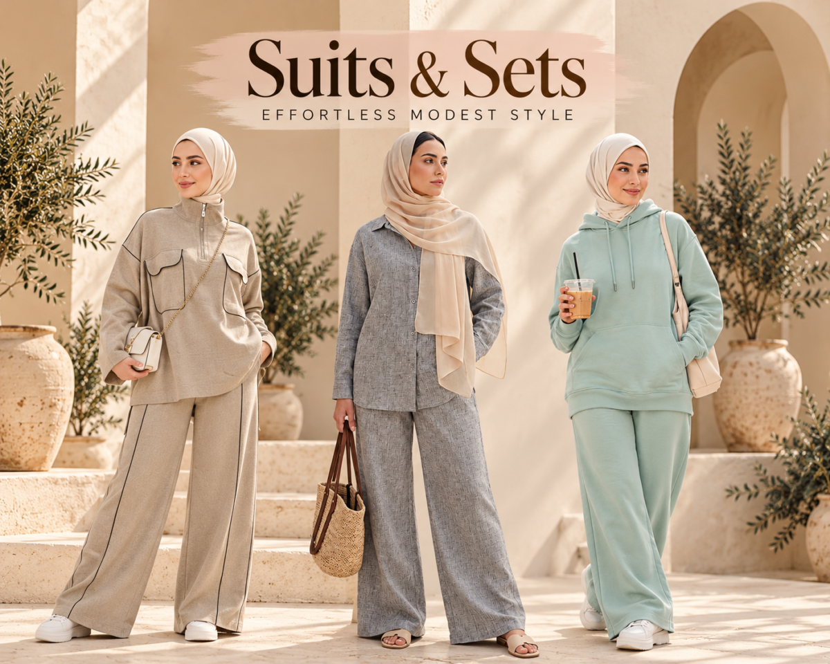 Three hijabi models wearing beige, grey and mint green modest two-piece co-ord sets.