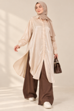 Light Beige Longline Shirt in Tencel with side openings