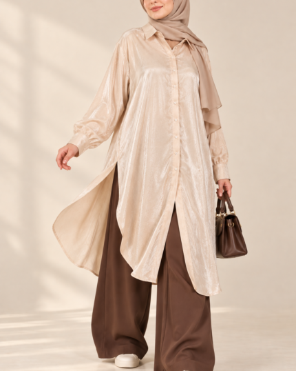 Light Beige Longline Shirt in Tencel with side openings