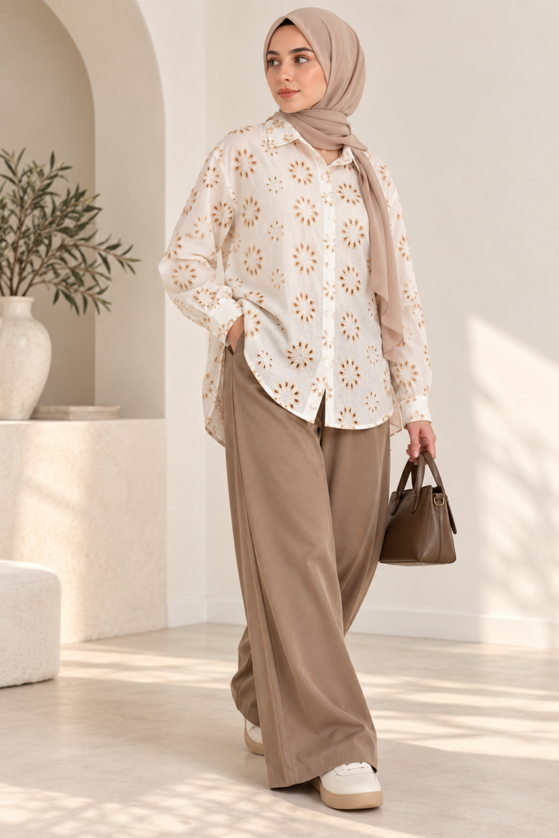 Beige Embroidered Floral Shirt with all-over floral cutwork